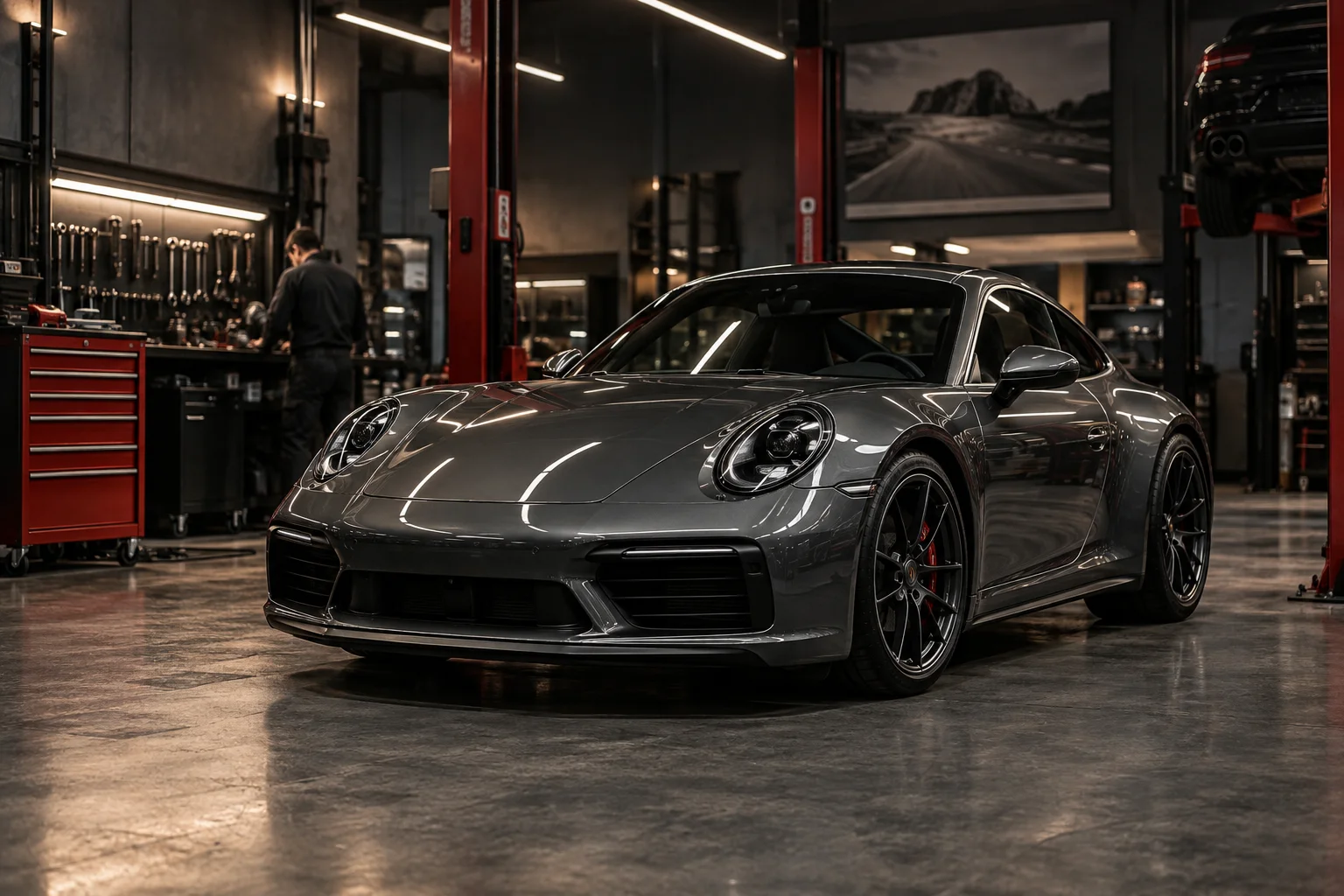 A car inside a modern repair shop with equipment and red accents